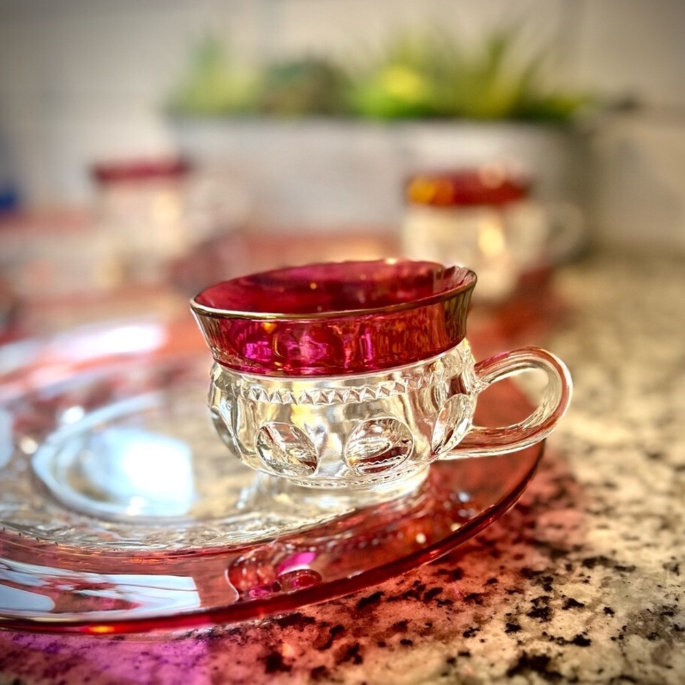 Stunning 1940s Tiffin Franciscan Kings Crown Thumbprint Ruby Red Flashed 8pc Set